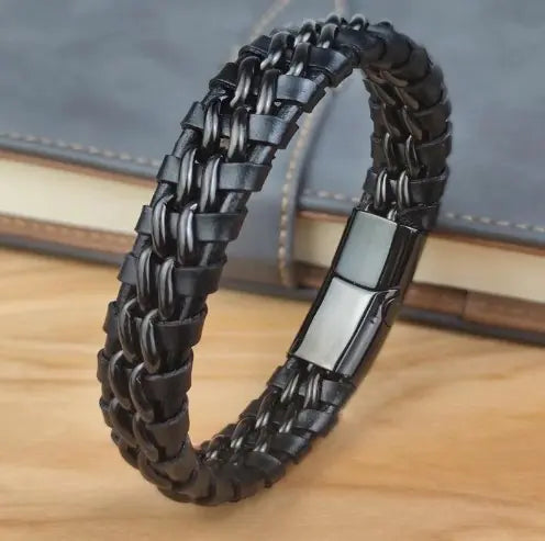 Genuine Titanium Steel Leather Men's Bracelet