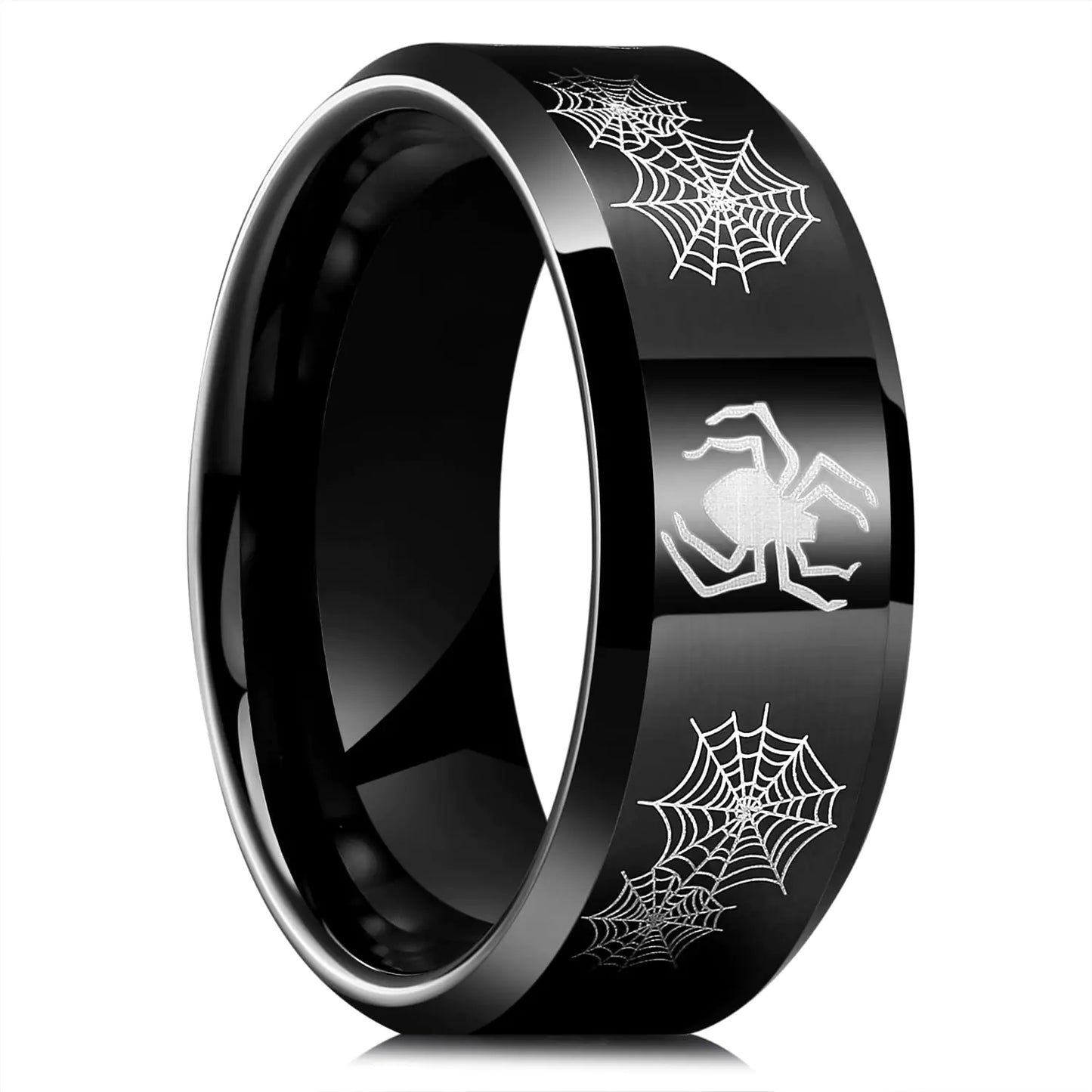 King Will 8mm Mens Black Plated Tungsten Spider Lasered Ring