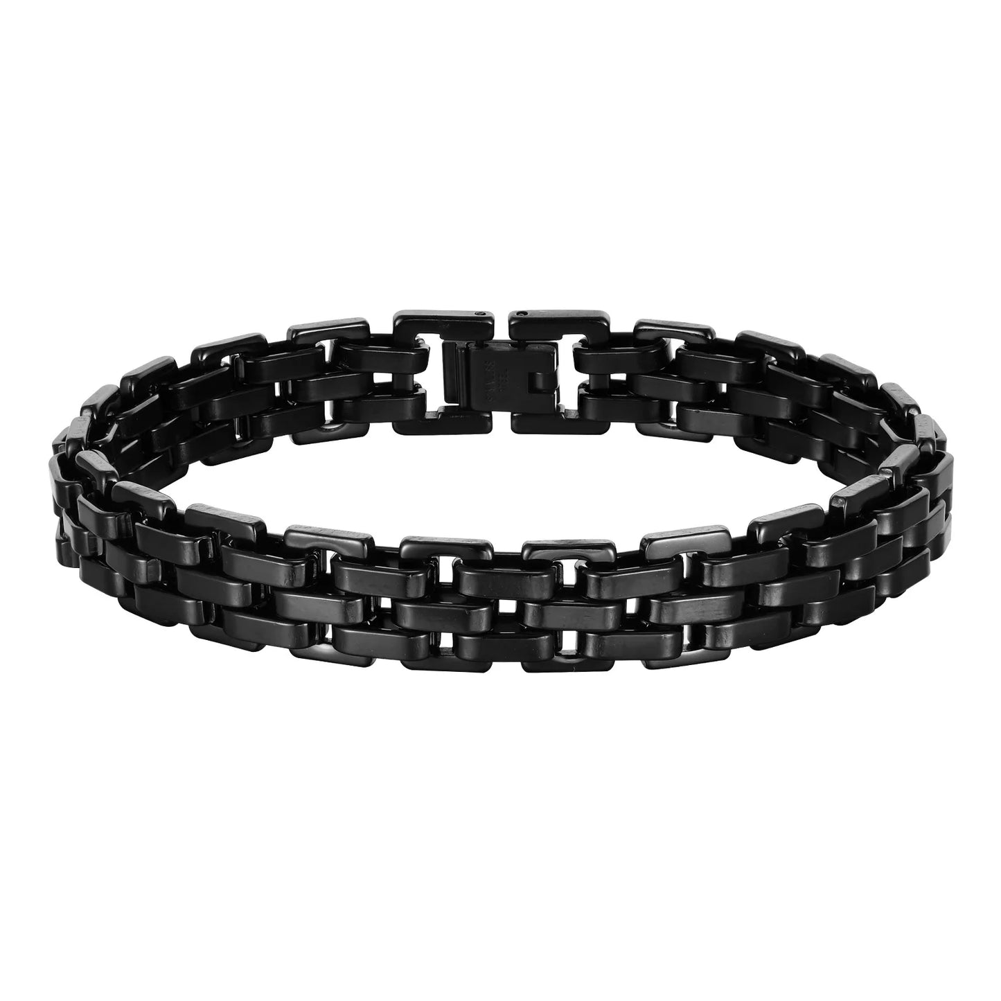 Vnox 11mm Watchband Shaped Chain Bracelet for Men Teens Boys,Strap Chain Bracelets, Black Silver Color Stainless Steel Wristband