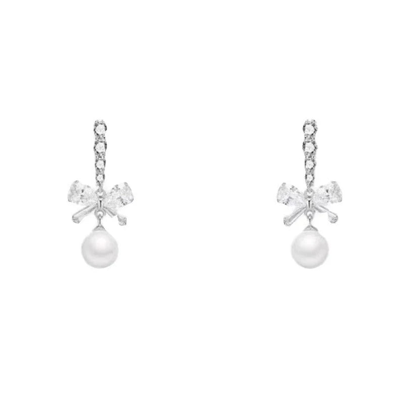 1Pair Exquisite Bow Pearl Dangle Earrings For Women Girls Fashion Sweet Stud Earrings Wedding Party Jewelry Accessories Gifts