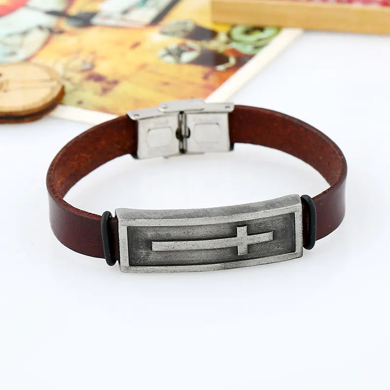 Genuine Leather Men's Bracelet with Cross Design