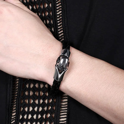 Titanium Steel Skull Bracelet with Woven Rope Design