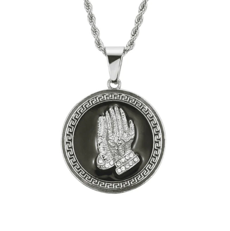 Men's Necklace with Lion Head and Prayer Hand Pendant