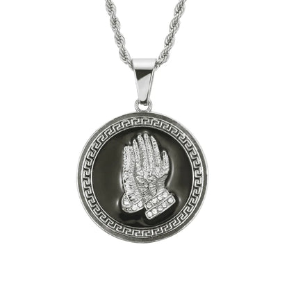 Men's Necklace with Lion Head and Prayer Hand Pendant