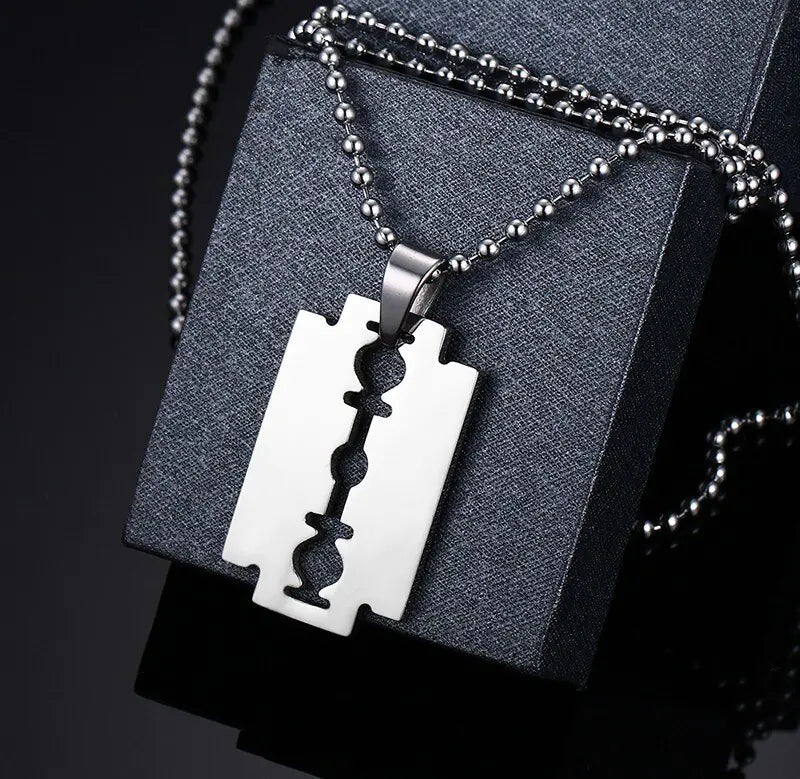 Men's Stainless Steel Blade Necklace and Razor Pendant