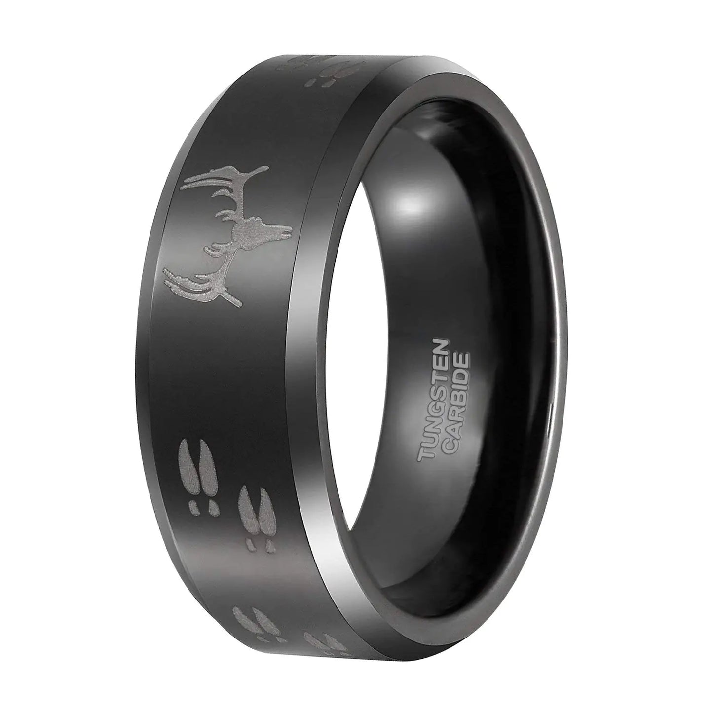 Black Etched Deer Head Tungsten Ring