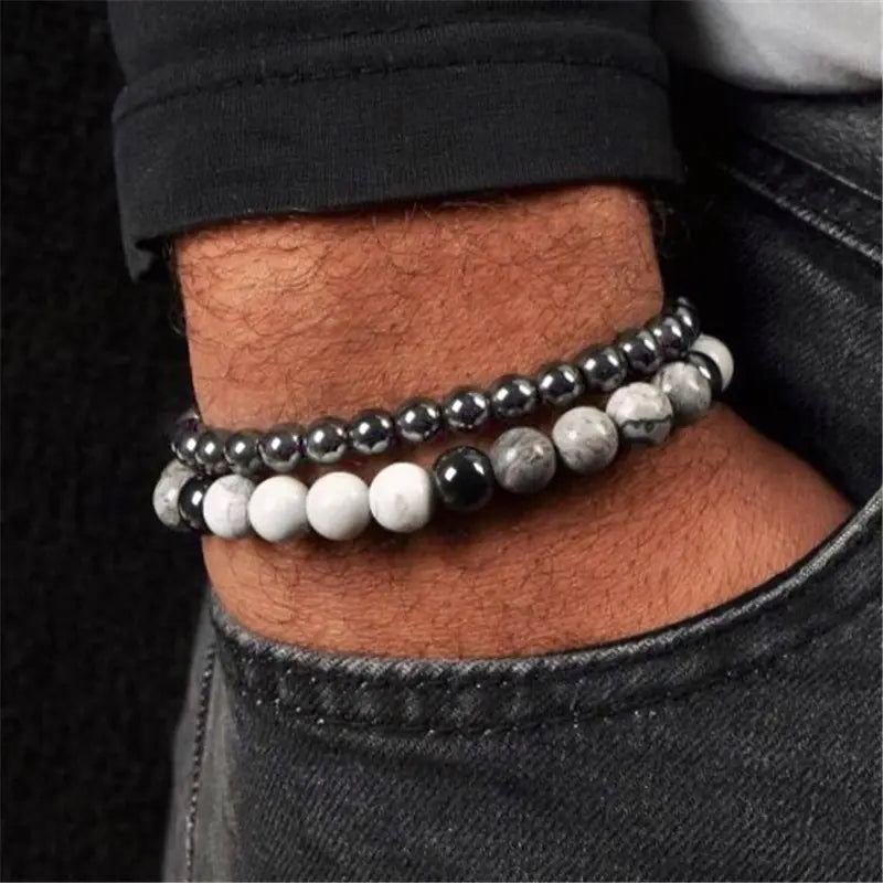 Zircon Beads Stone Men's Bracelet 2pcs Set