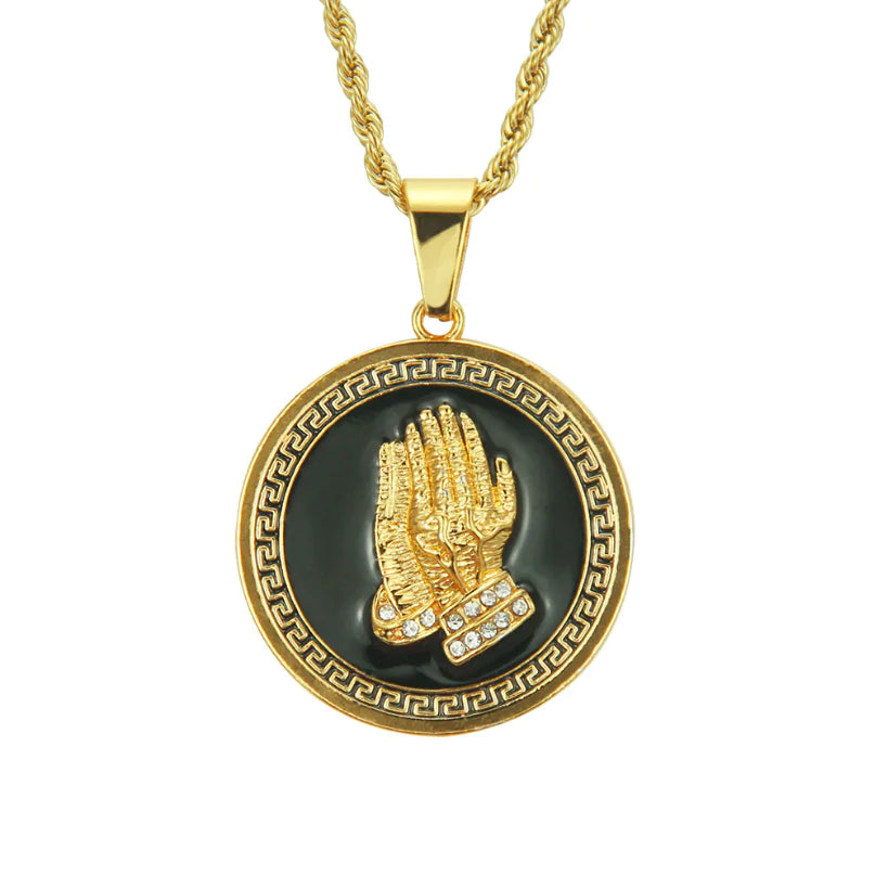 Men's Necklace with Lion Head and Prayer Hand Pendant