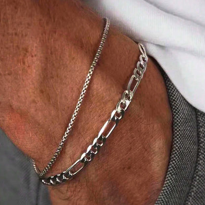 2pcs Simple Minimalist Silver Plated Stainless Steel Chain Bracelets Set for Men Fashion Glossy Street Chic Bracelet Jewelry