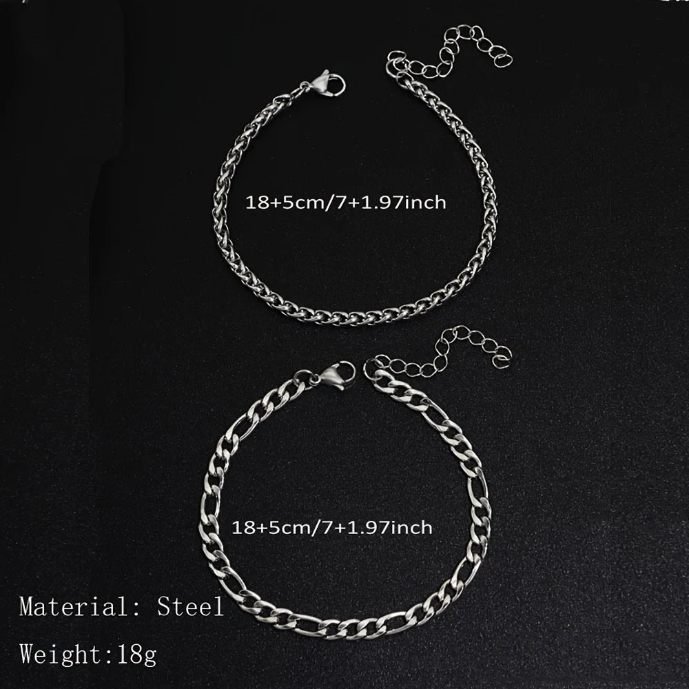 2pcs Simple Minimalist Silver Plated Stainless Steel Chain Bracelets Set for Men Fashion Glossy Street Chic Bracelet Jewelry