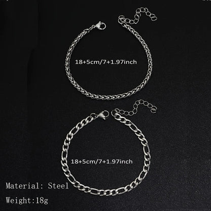 2pcs Simple Minimalist Silver Plated Stainless Steel Chain Bracelets Set for Men Fashion Glossy Street Chic Bracelet Jewelry