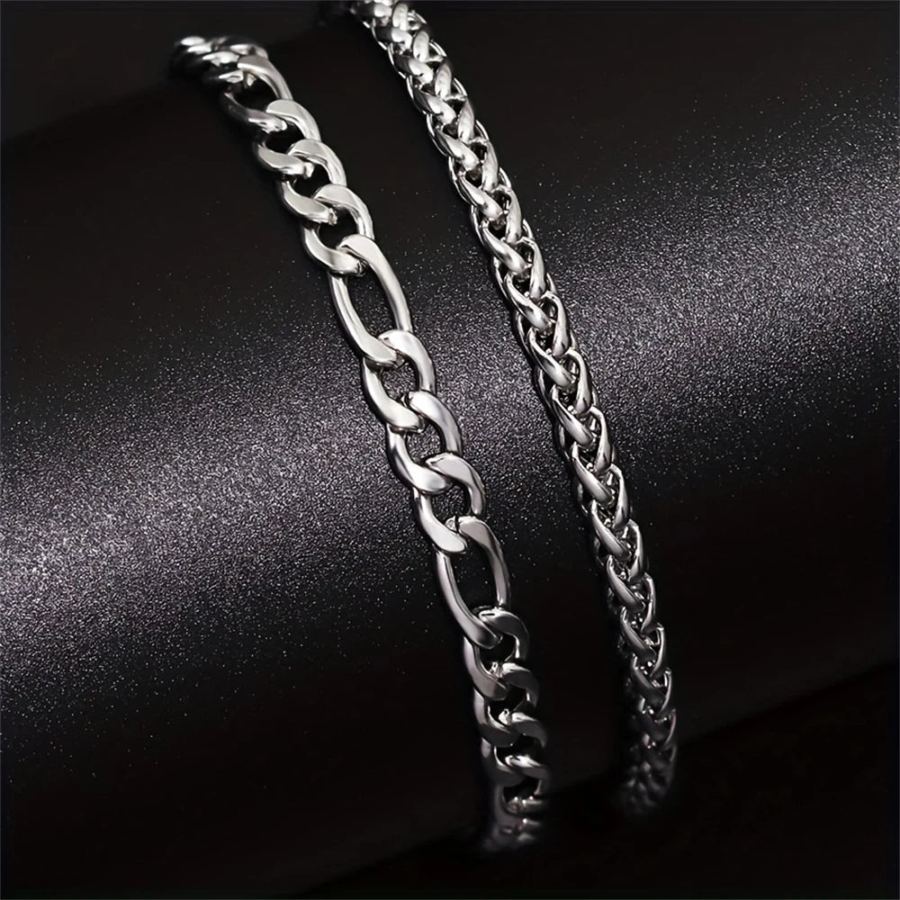 2pcs Simple Minimalist Silver Plated Stainless Steel Chain Bracelets Set for Men Fashion Glossy Street Chic Bracelet Jewelry