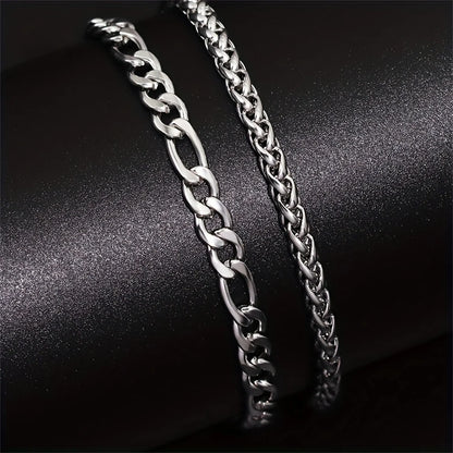 2pcs Simple Minimalist Silver Plated Stainless Steel Chain Bracelets Set for Men Fashion Glossy Street Chic Bracelet Jewelry
