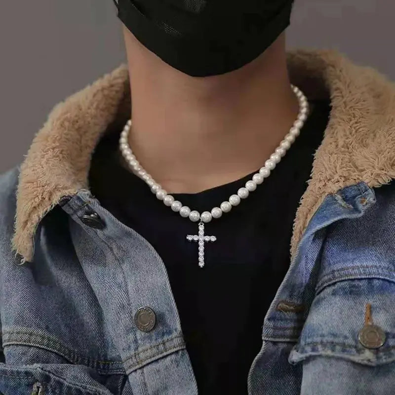 Men's Retro Imitation Pearl Rhinestone Cross Necklace