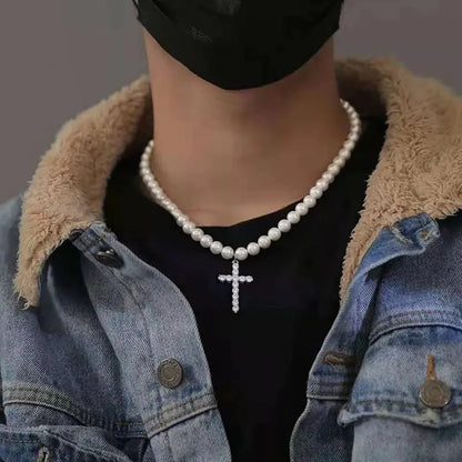 Men's Retro Imitation Pearl Rhinestone Cross Necklace