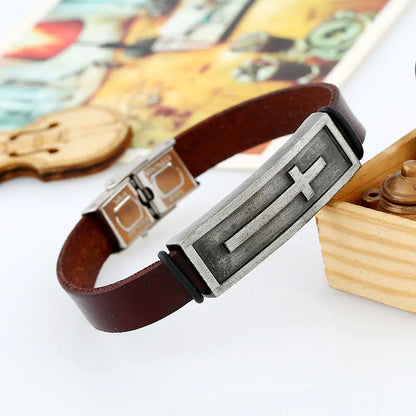 Genuine Leather Men's Bracelet with Cross Design