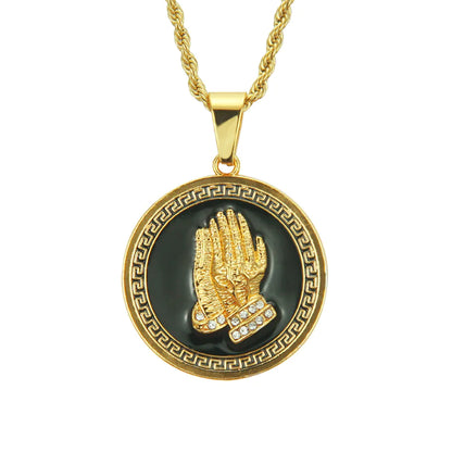 Men's Necklace with Lion Head and Prayer Hand Pendant