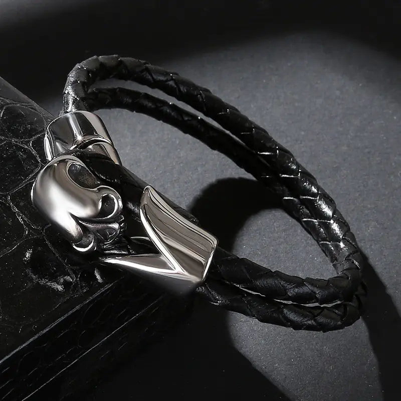 Titanium Steel Skull Bracelet with Woven Rope Design