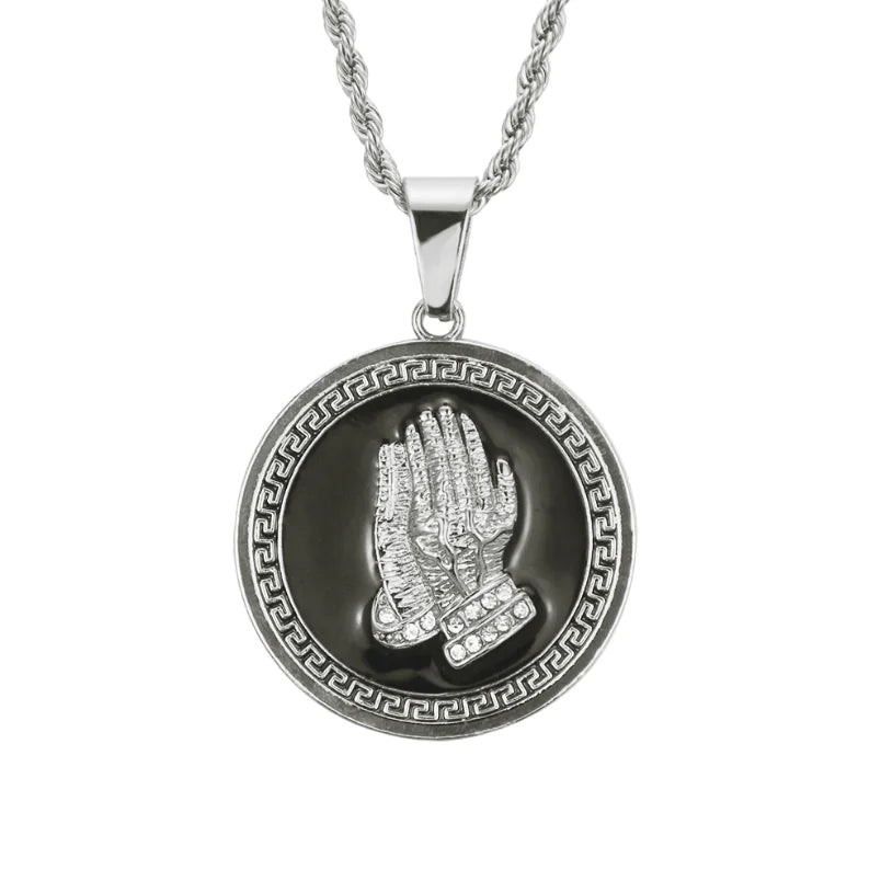 Men's Necklace with Lion Head and Prayer Hand Pendant