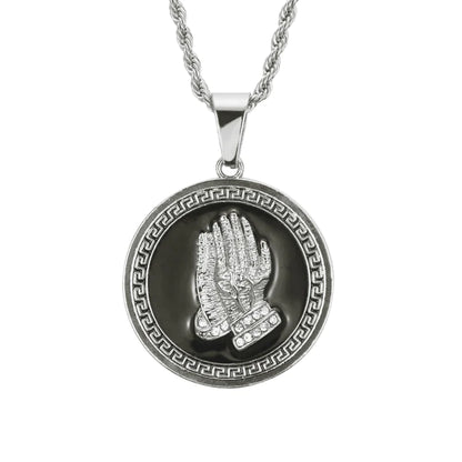 Men's Necklace with Lion Head and Prayer Hand Pendant