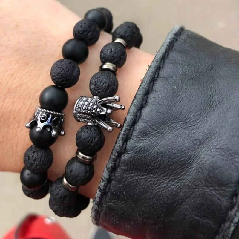 Zircon Beads Stone Men's Bracelet 2pcs Set