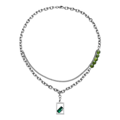 Double Layer Stainless Steel Men's Necklace with Green Pendant