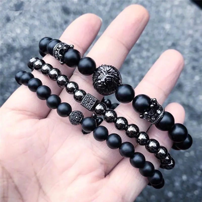 Zircon Beads Stone Men's Bracelet 2pcs Set