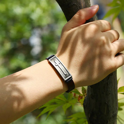 Genuine Leather Men's Bracelet with Cross Design