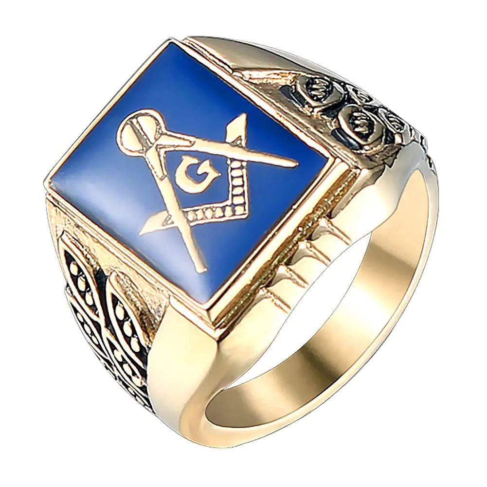 Mens Stainless Steel Gold Plated Freemason Masonic Rings