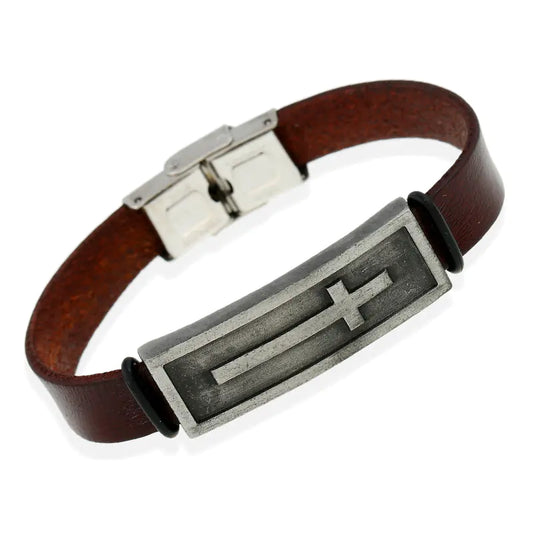 Genuine Leather Men's Bracelet with Cross Design