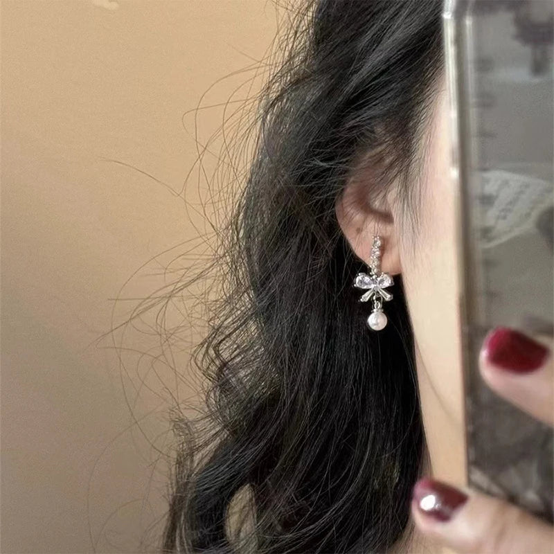 1Pair Exquisite Bow Pearl Dangle Earrings For Women Girls Fashion Sweet Stud Earrings Wedding Party Jewelry Accessories Gifts