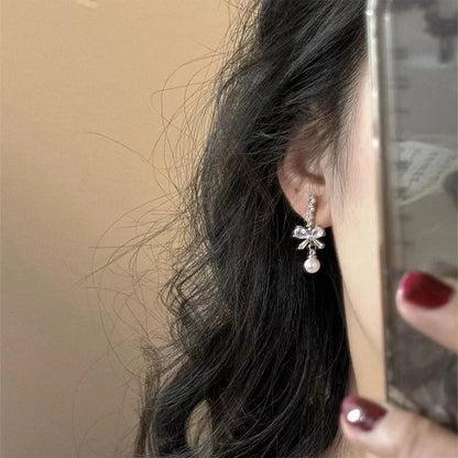 1Pair Exquisite Bow Pearl Dangle Earrings For Women Girls Fashion Sweet Stud Earrings Wedding Party Jewelry Accessories Gifts