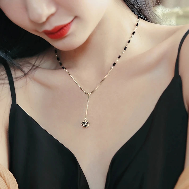 Mysterious Black Crystal Zircon Ball Pendant Necklace