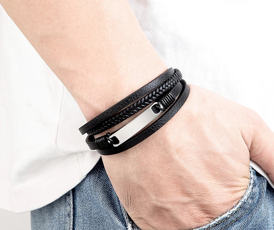 Multi-layer Braided Leather Stainless Steel Wrap Men's Bracelet