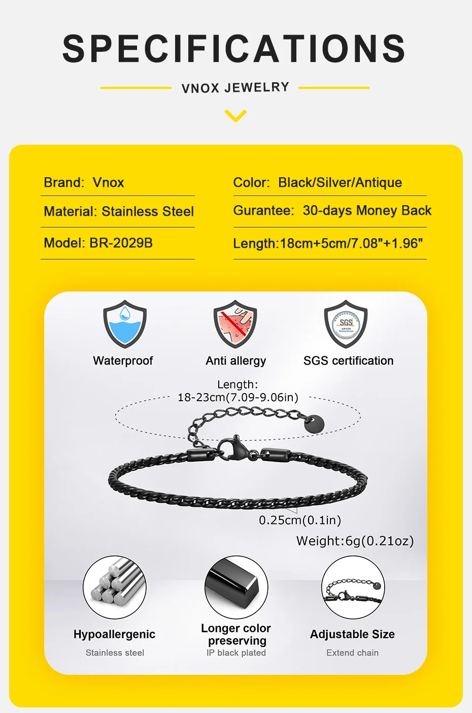 Vnox Slim 2.5mm Snake Links Bracelets for Men Teens Boys,Adjustable Stainless Steel Twisted Chain Bracelets,Simple Metal Jewelry