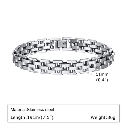 Vnox 11mm Watchband Shaped Chain Bracelet for Men Teens Boys,Strap Chain Bracelets, Black Silver Color Stainless Steel Wristband