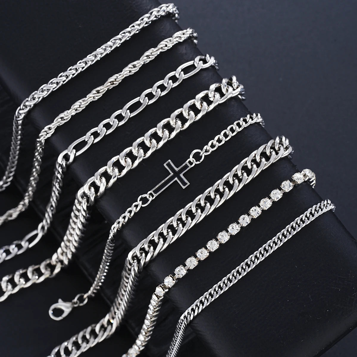 8Pcs Stainless Steel Cross Cuban Bracelets For Men Women Punk Silver Color Crystal Twist Chain Bracelet Daily Wear Fashion