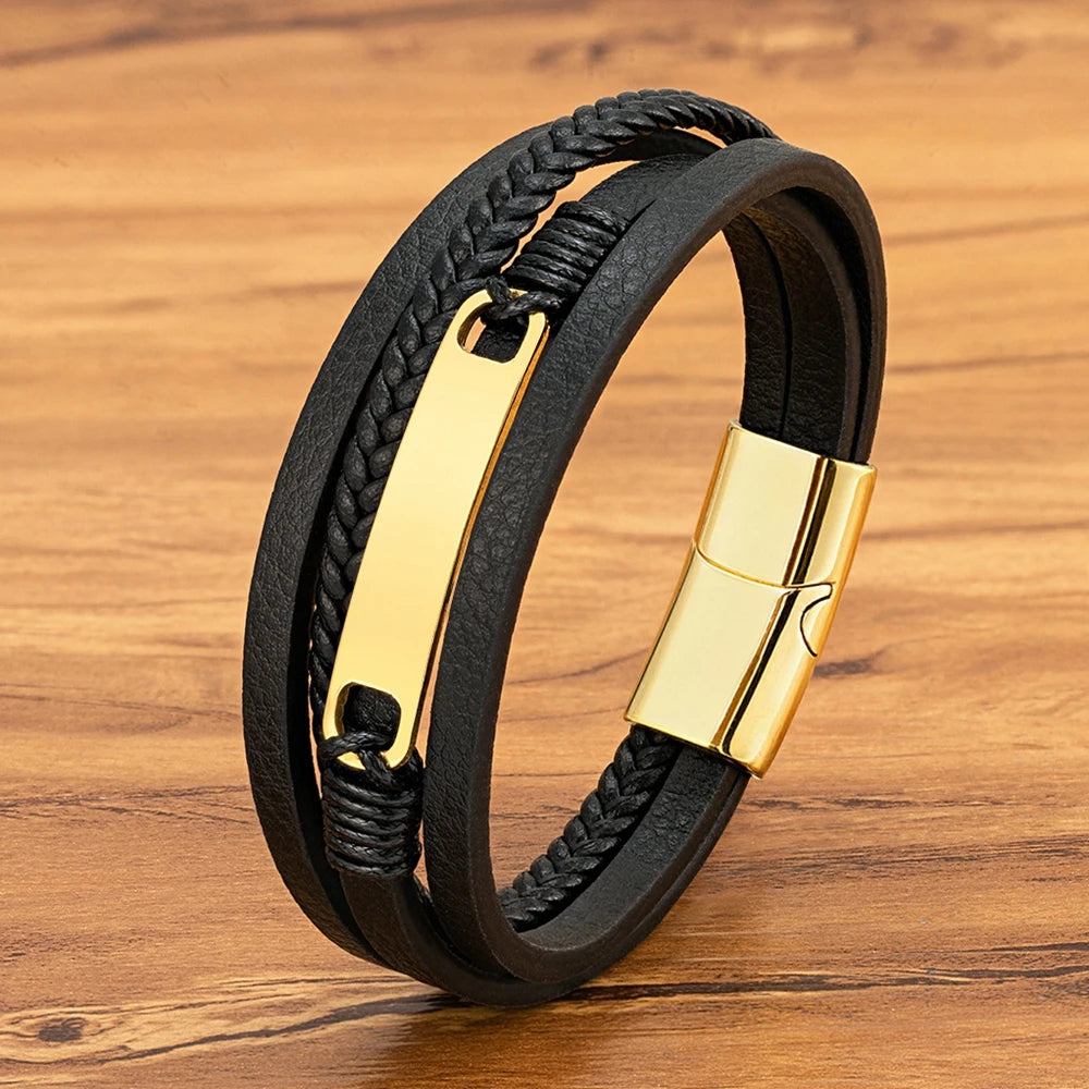 Multi-layer Braided Leather Stainless Steel Wrap Men's Bracelet