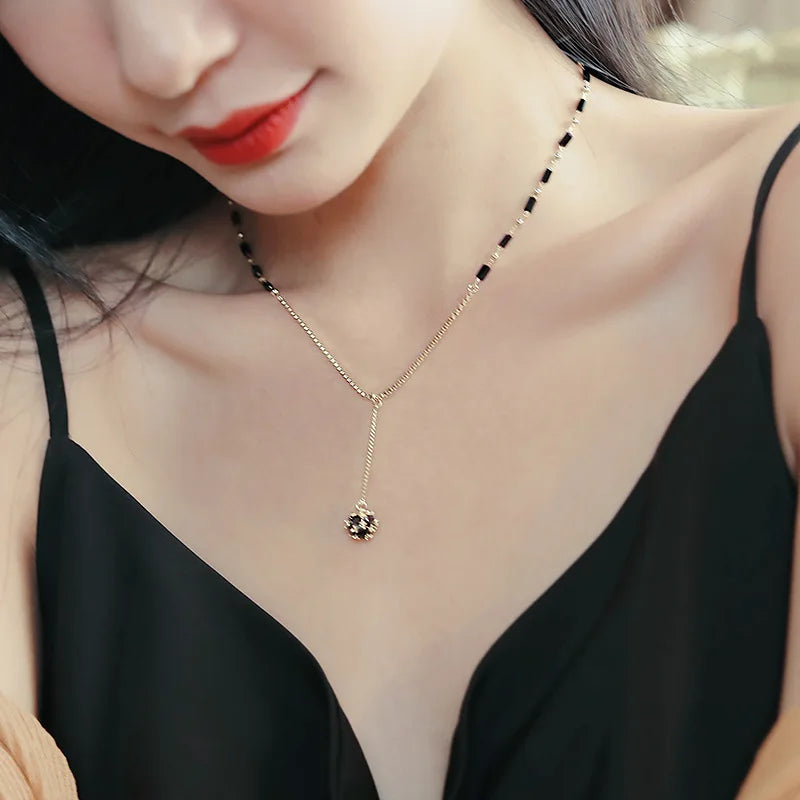 Mysterious Black Crystal Zircon Ball Pendant Necklace