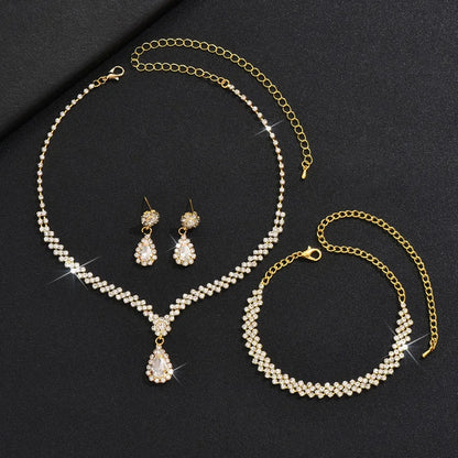 Water Drop Luxury Bridal Jewelry Set Elegant Exquisite Necklace Earring Set Temperament Zircon Rhinestone Bracelet Banquet
