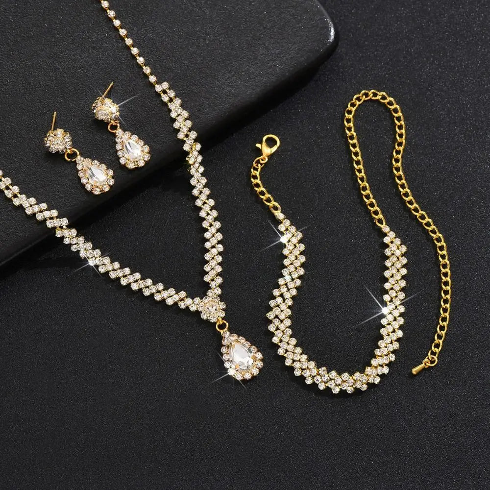 Water Drop Luxury Bridal Jewelry Set Elegant Exquisite Necklace Earring Set Temperament Zircon Rhinestone Bracelet Banquet