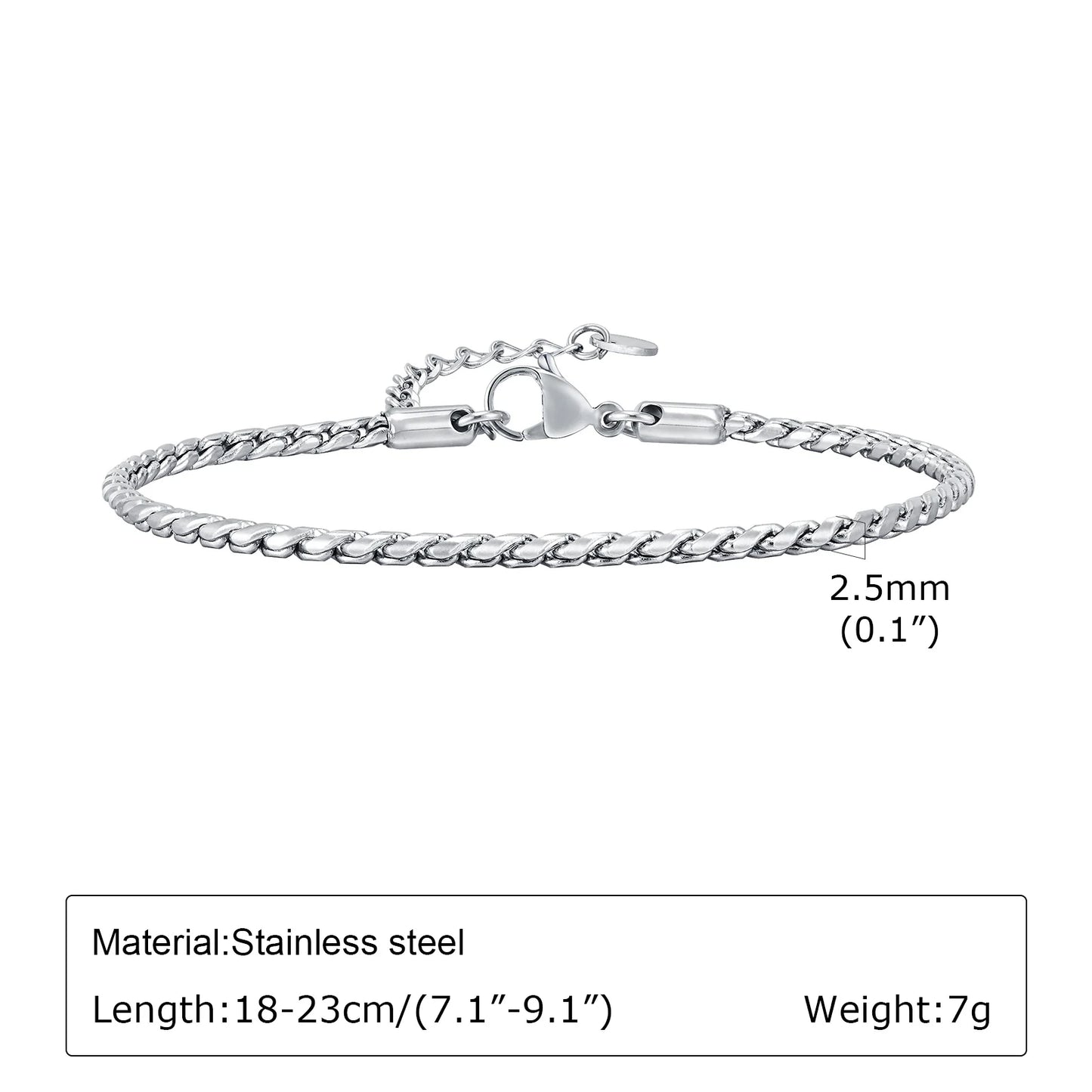 Vnox Slim 2.5mm Snake Links Bracelets for Men Teens Boys,Adjustable Stainless Steel Twisted Chain Bracelets,Simple Metal Jewelry