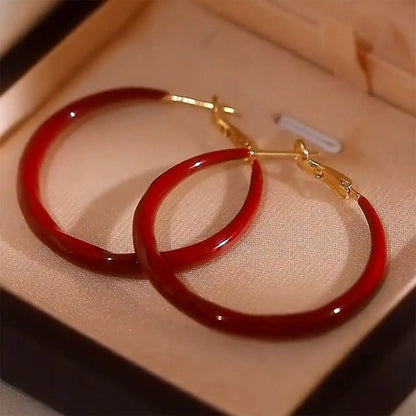 Elegant Red Color Smooth Enamel Hoop Earrings for Women Statement Jewelry Big Metal Circle Earrings Boho сережки с камнем