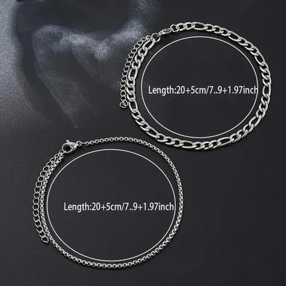 2PCS Simple Gold Plated Silver Color Chain Bracelets Set for Men Metal Casual Street Dailywear Bracelet Jewelry