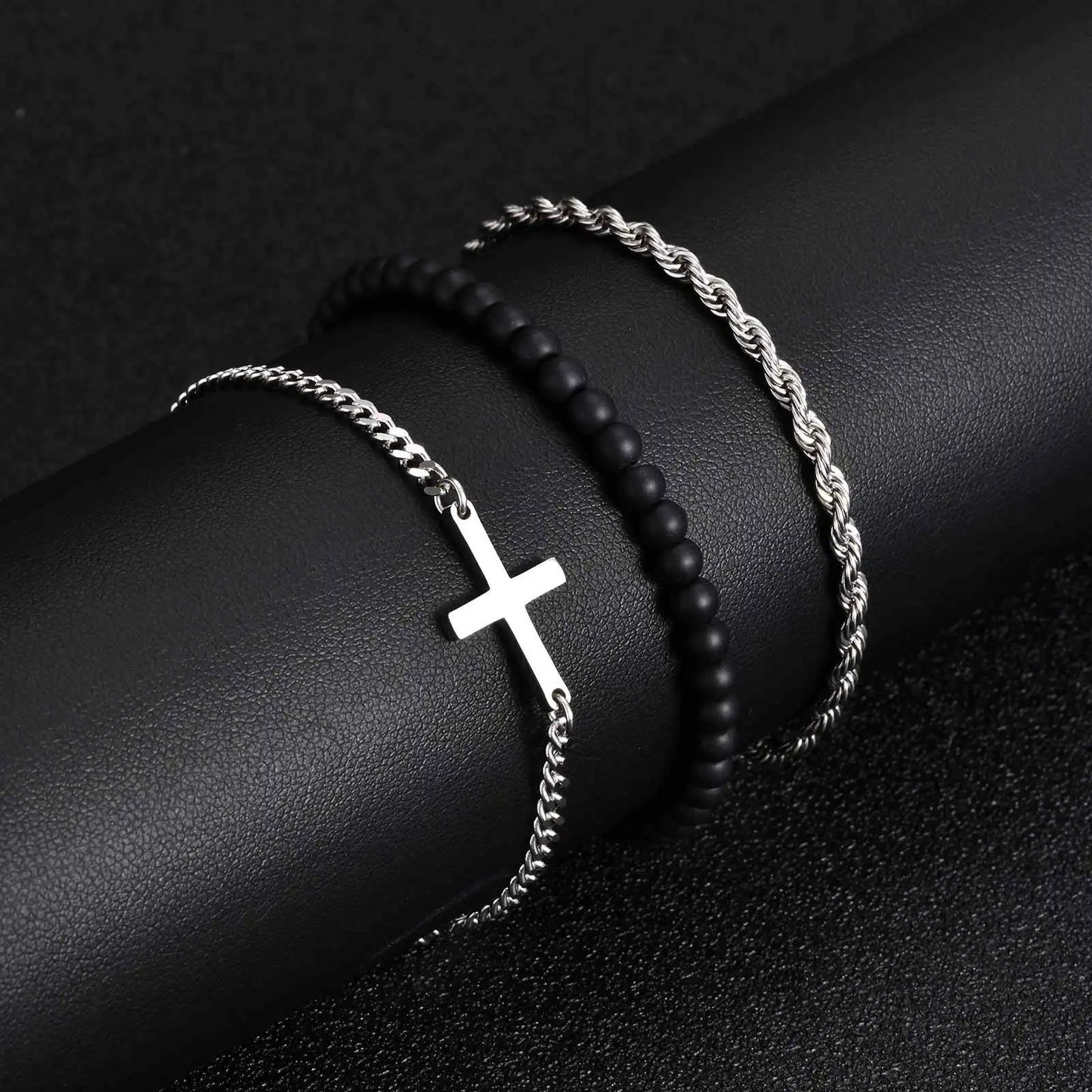 3pcs Stainless Steel Stacked Chain Link Cross Men's Bracelet