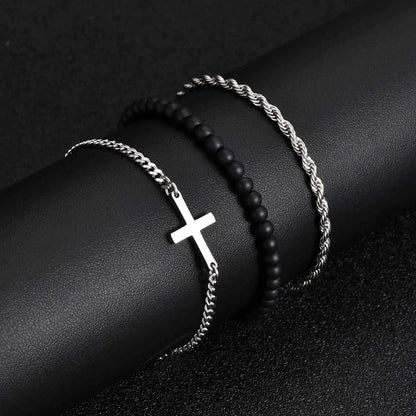 3pcs Stainless Steel Stacked Chain Link Cross Men's Bracelet