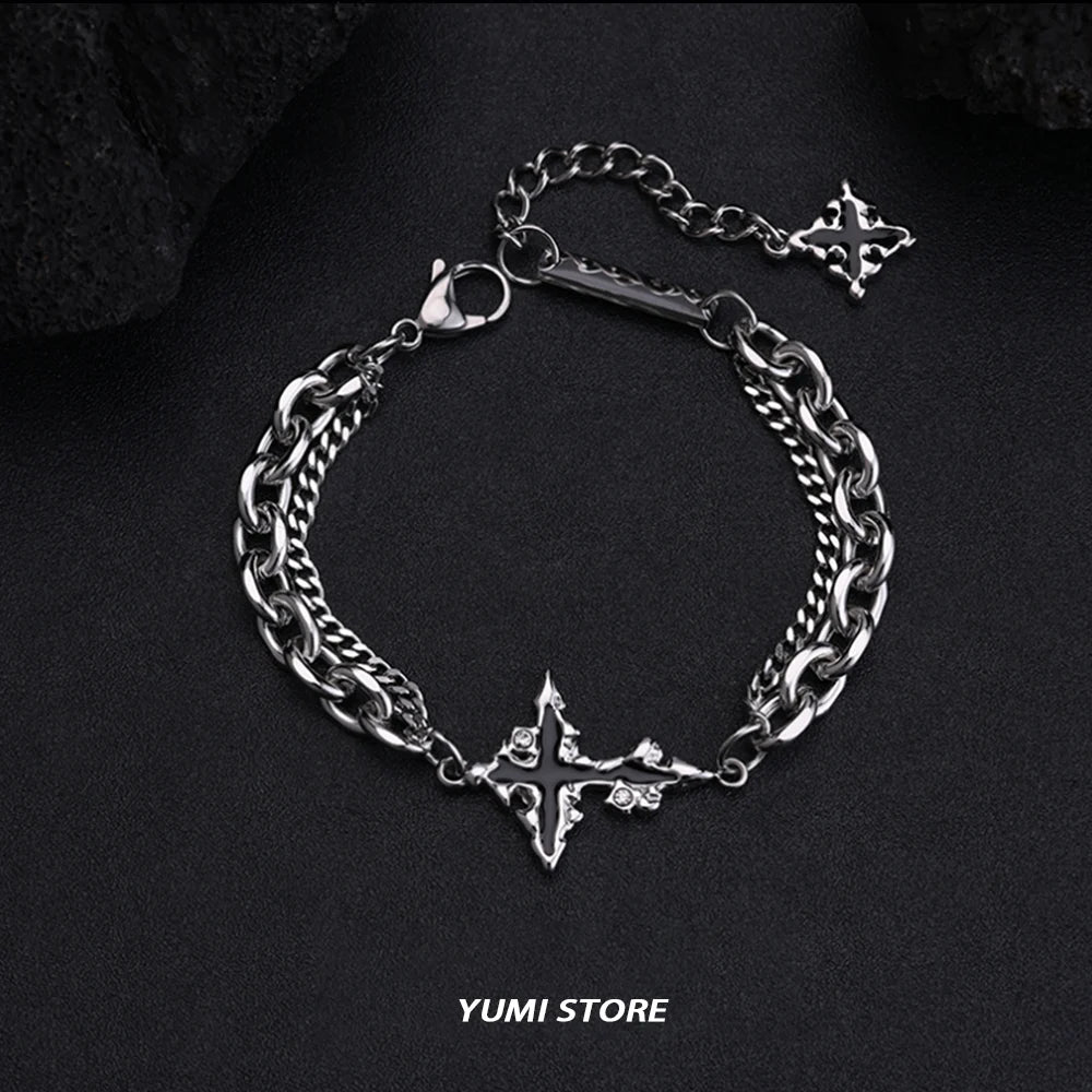 Retro Flame Cross Bracelet For Men Woman Hip Hop Titanium Steel Splice Chain Charm Unisex Jewelry Cool Kpop Luxury Accessories