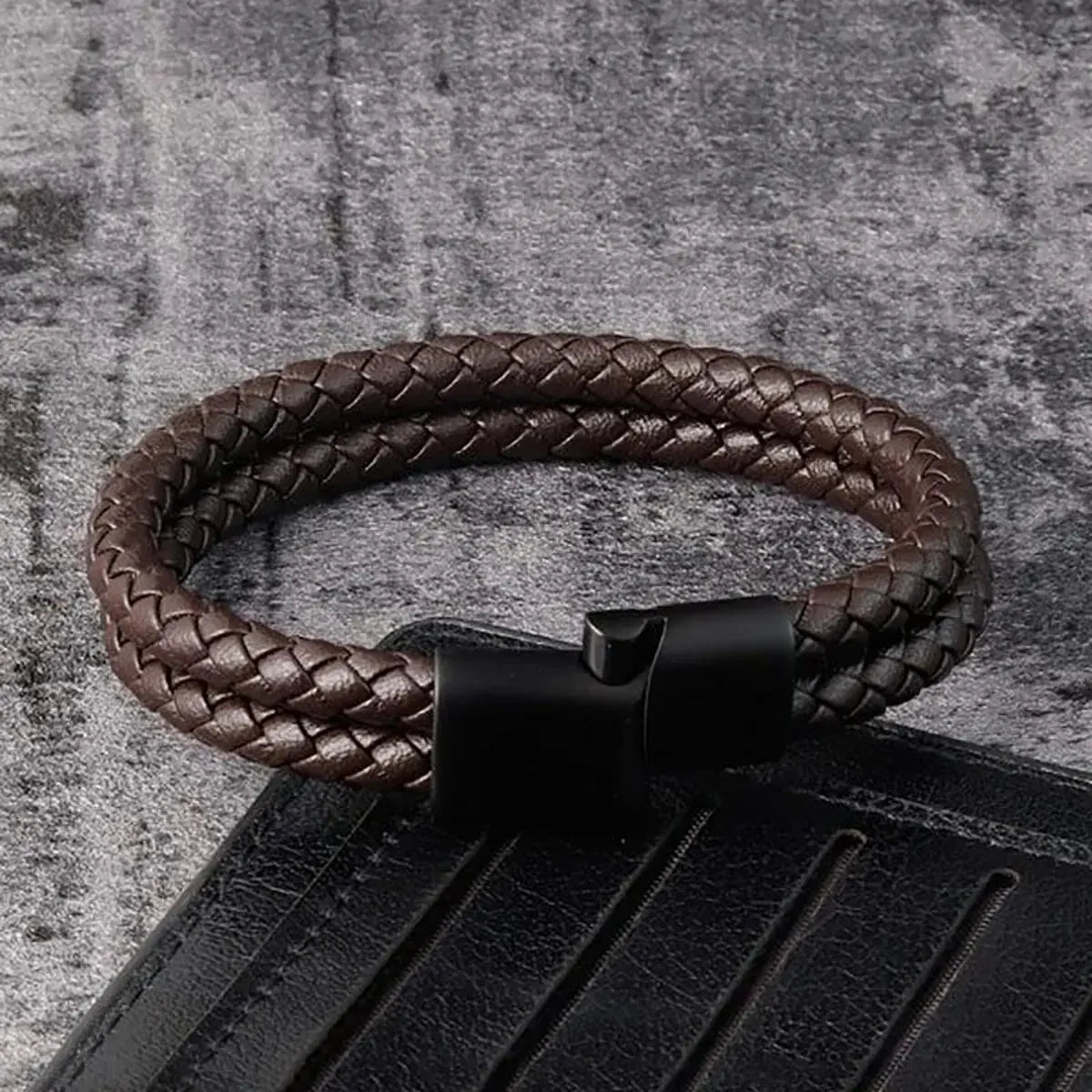Men Black Blue Braided Genuine Leather Bracelet Double Band Bangle