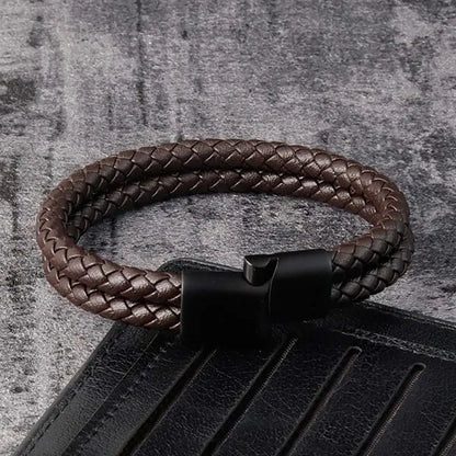 Men Black Blue Braided Genuine Leather Bracelet Double Band Bangle