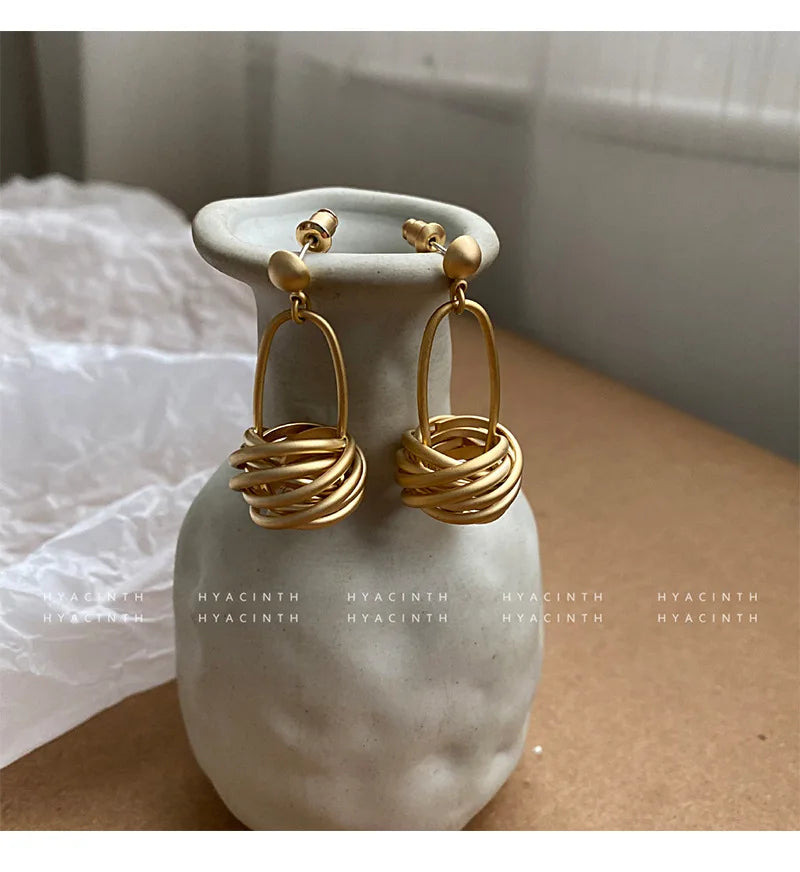 Earrings for Women Minimalistic  with Matte Circle Knots, Fashionable Metal Dangle Ear Jewelry  Hot Selling